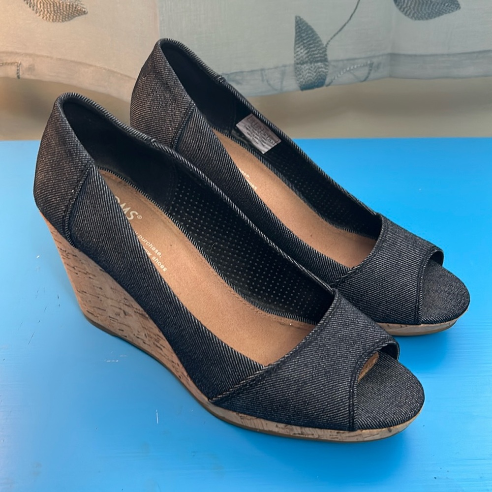 Toms Charcoal Peep-Toe Wedges